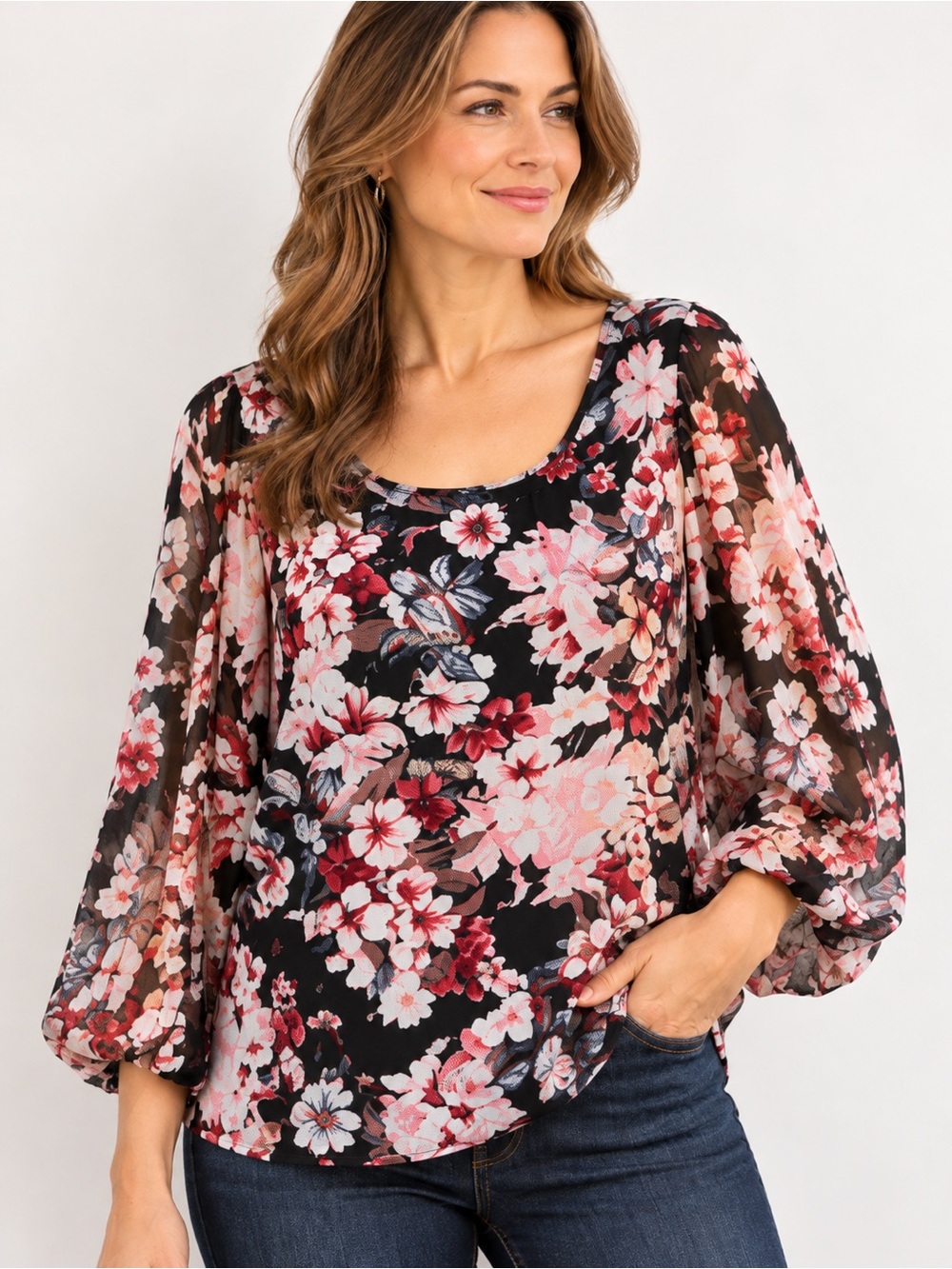 VINCE CAMUTO Floral Print Blouse Gathered Sleeves Black Pink XL